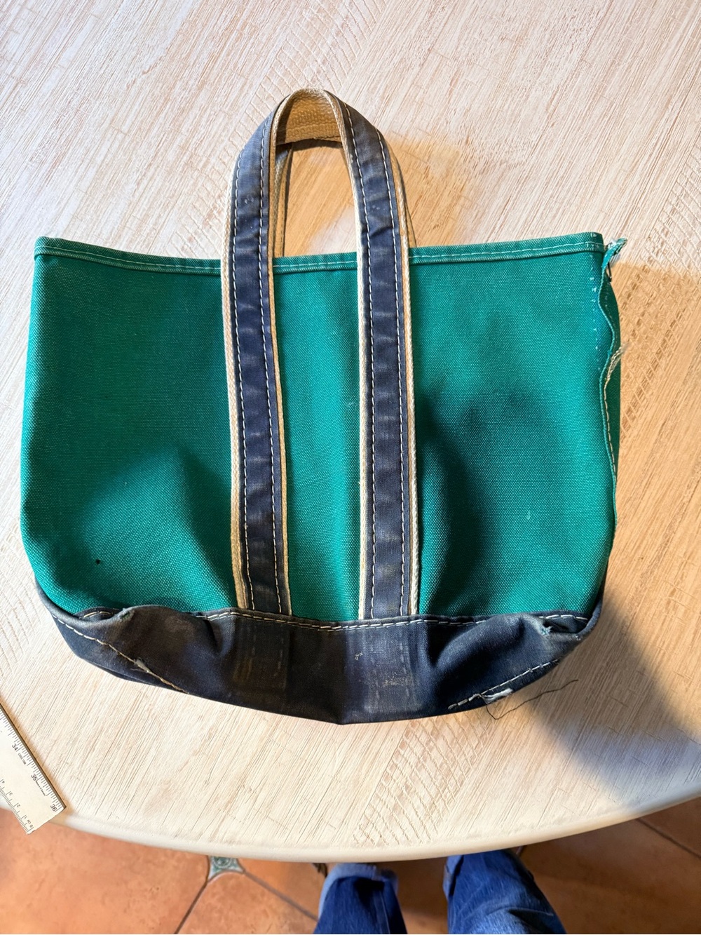 L.L. Bean Green Canvas Tote with Navy Trim Vinatge Boat and Tote Freeport Maine